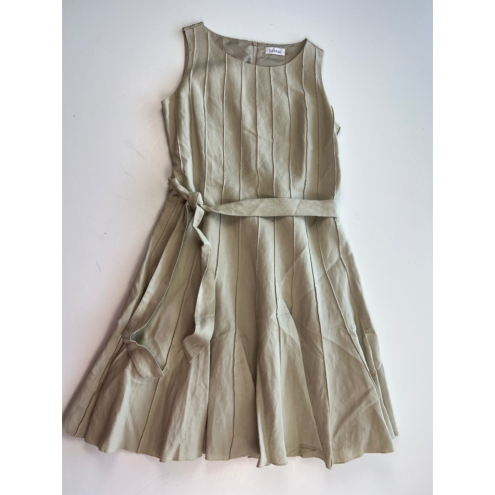 Calvin Klein Women's Size 10P Beige Linen Blend Sleeveless Midi Dress with Belt
